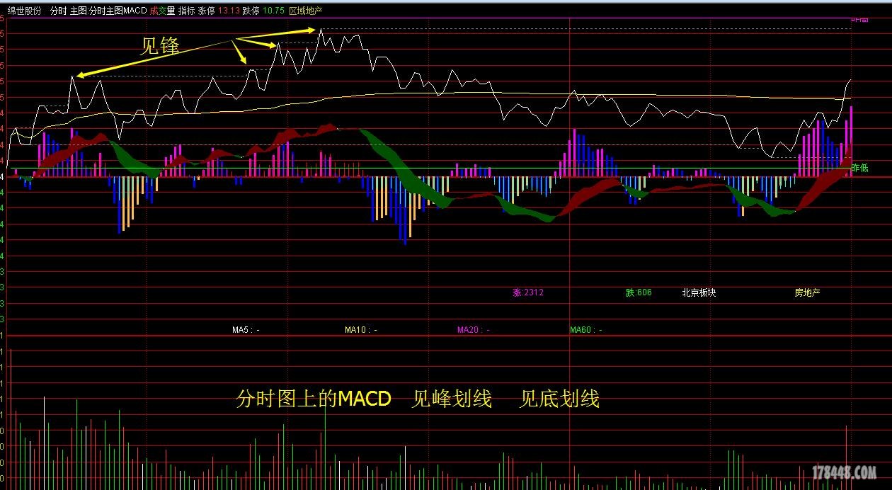 精品分时主图上显示macd 峰顶 谷底自动划线 支撑压力